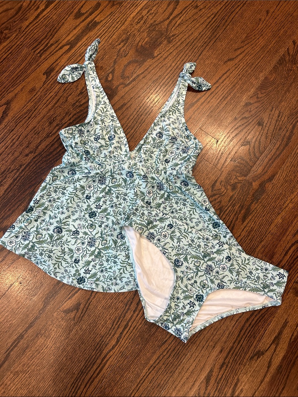 Floral Tie-Shoulder Tankini in Light Blue